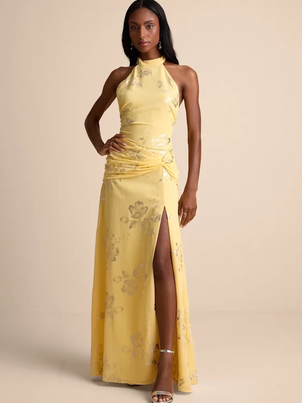 Lulu’s Dayana Yellow Metallic Floral Backless Maxi Dress